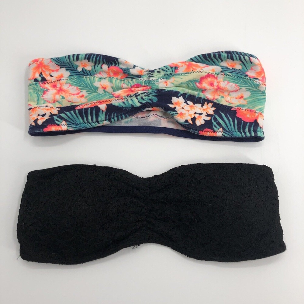 Lot of 2 Bandeau Bralette Bras Small PINK VS Tropical Print Jenni Black Lace